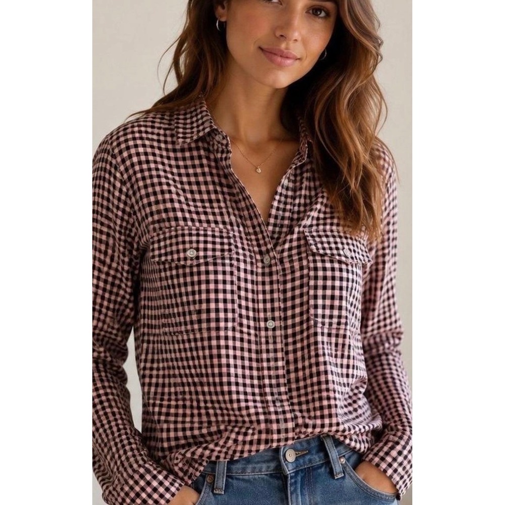 PAIGE Gingham Plaid Button Down Shirt pink black checkered pattern LS  XS